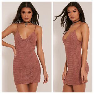 PLT Rosally Crochet Knit Rust Rose Pink Brown Plunge Mini Swim Cover Up Dress